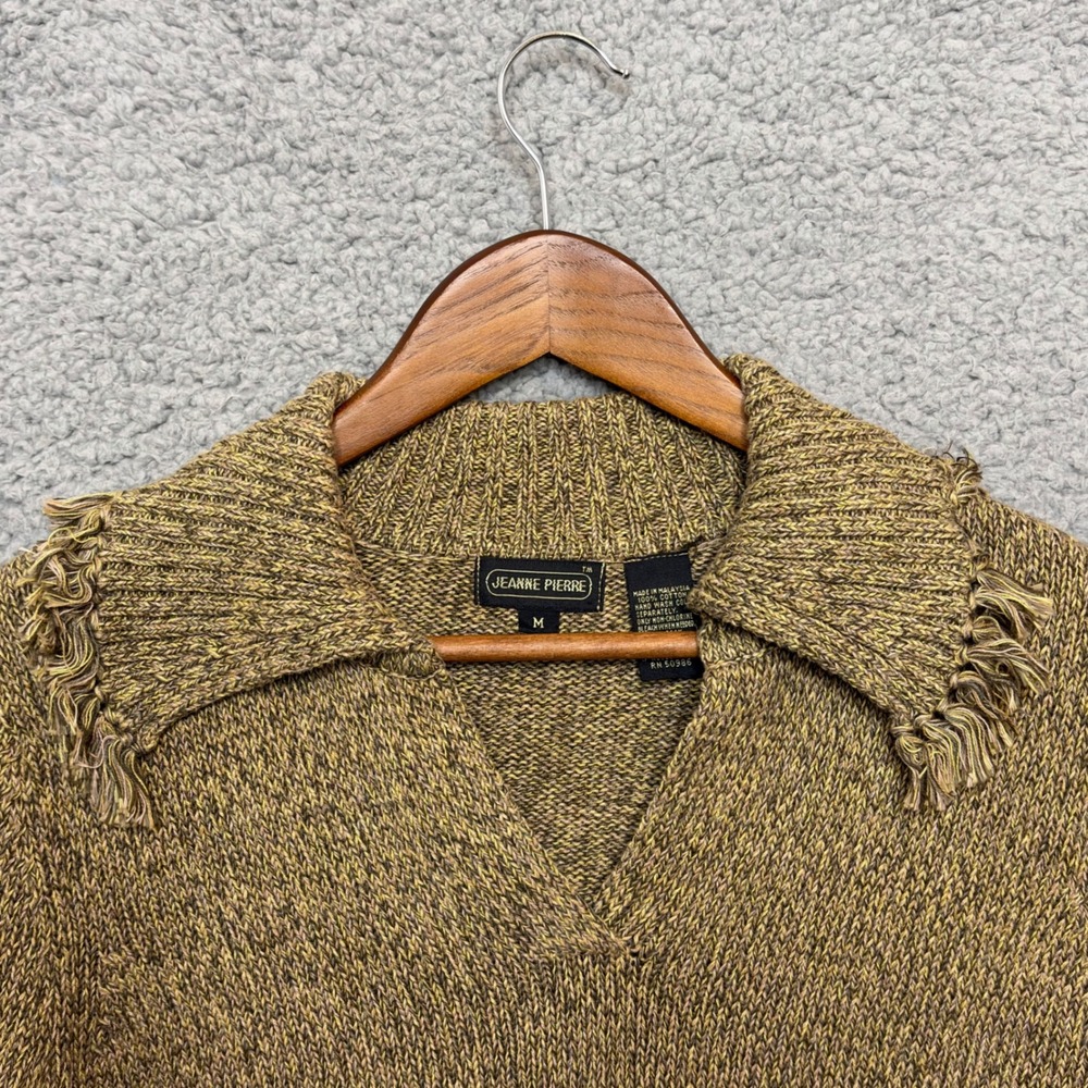 Vtg JEANNE PIERRE V-neck Sweater Women M Knit Cotton Fringe Collar Brown‎ Green - Picture 4 of 4